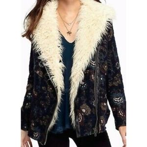 Free People Alpaca Wool Blend  Jacket Faux Shearling Floral Jacquard Tapestry SM
